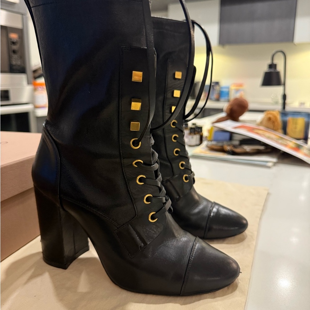 Stuart Weitzman Black Lace Up Boots with Block Heel Size 6